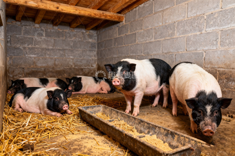 高清大图下载【趣麦麦图】圈舍里休憩进食的黑白花猪2
