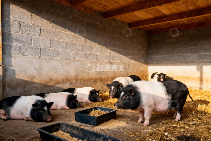 高清大图下载【趣麦麦图】圈舍里休憩进食的黑白花猪