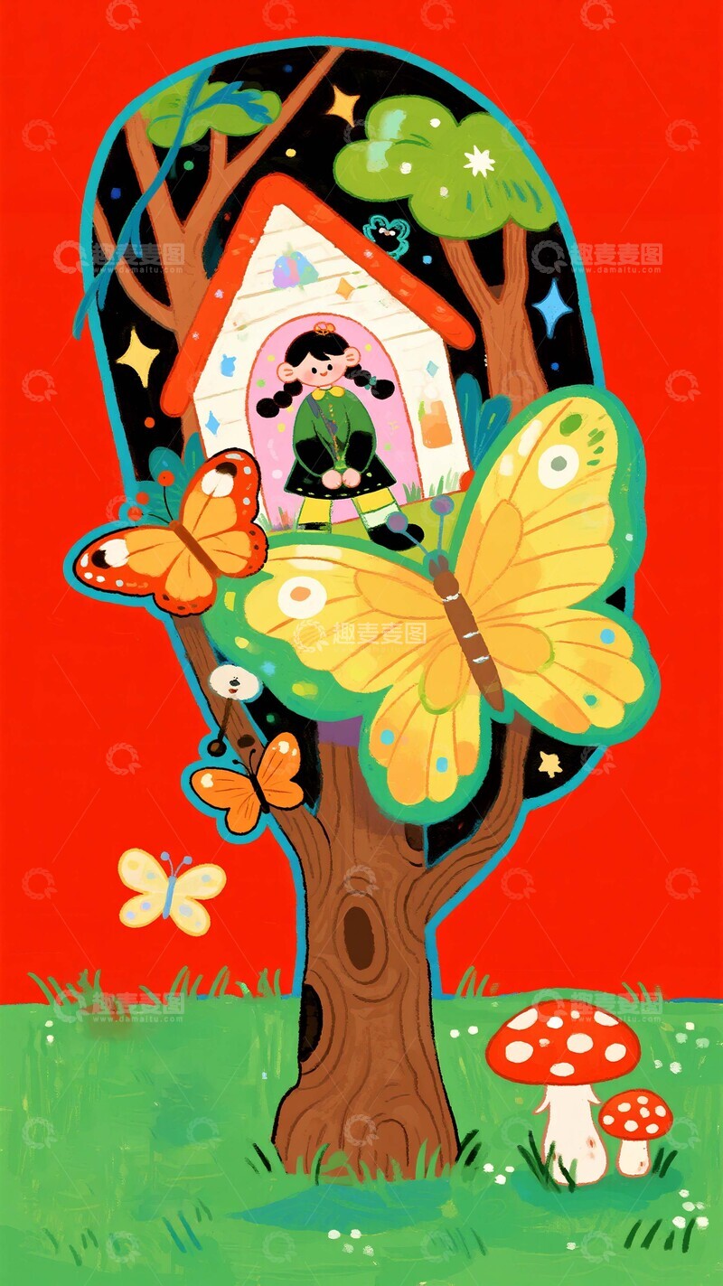 高清大图下载【趣麦麦图】奇幻森林树屋与蝴蝶插画