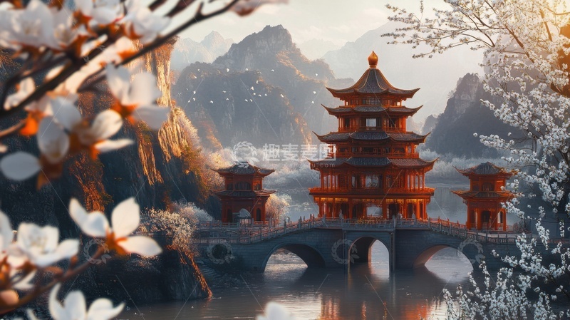 高清大图下载【趣麦麦图】湖面塔楼建筑美景