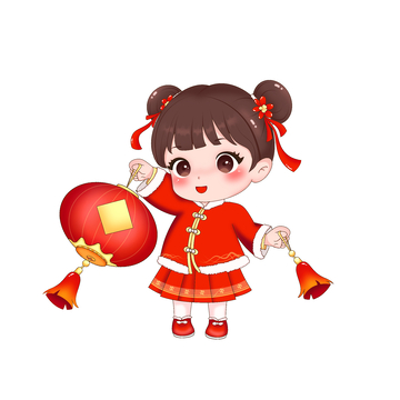 元旦过年卡通拿灯笼小女孩