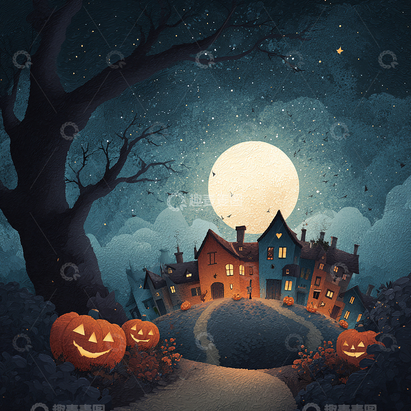 高清大图下载【趣麦麦图】幽暗夜晚的万圣节村庄