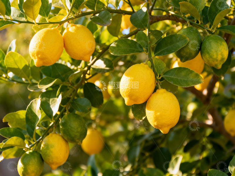 高清大图下载【趣麦麦图】阳光下的柠檬树翠绿的叶片上的柠檬