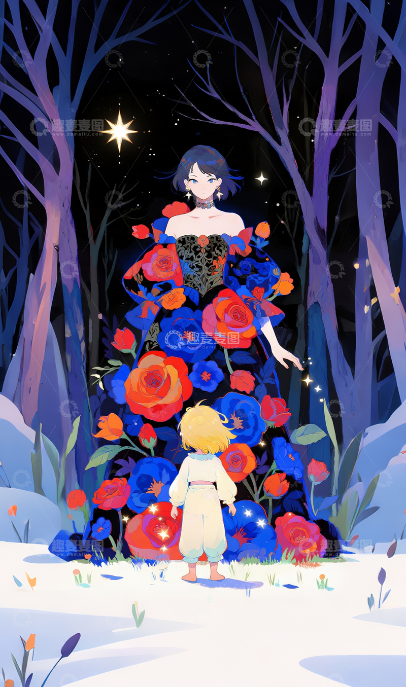 高清大图下载【趣麦麦图】夜晚森林女孩鲜花2