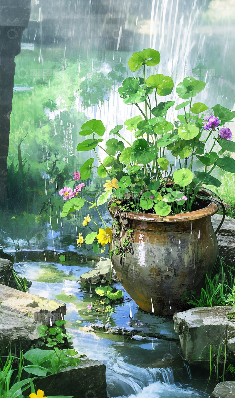 雨天铜钱草盆栽