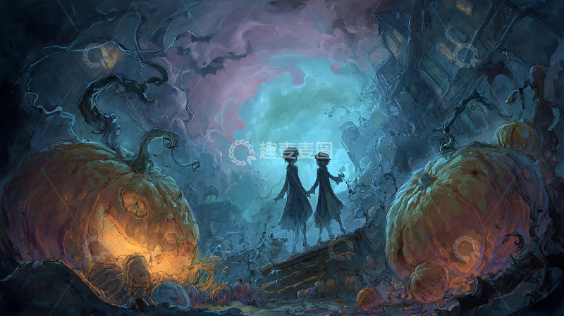 高清大图下载【趣麦麦图】万圣节夜的幽灵南瓜