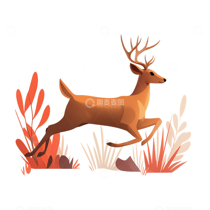高清大图下载【趣麦麦图】秋日森林中的奔跑雄鹿