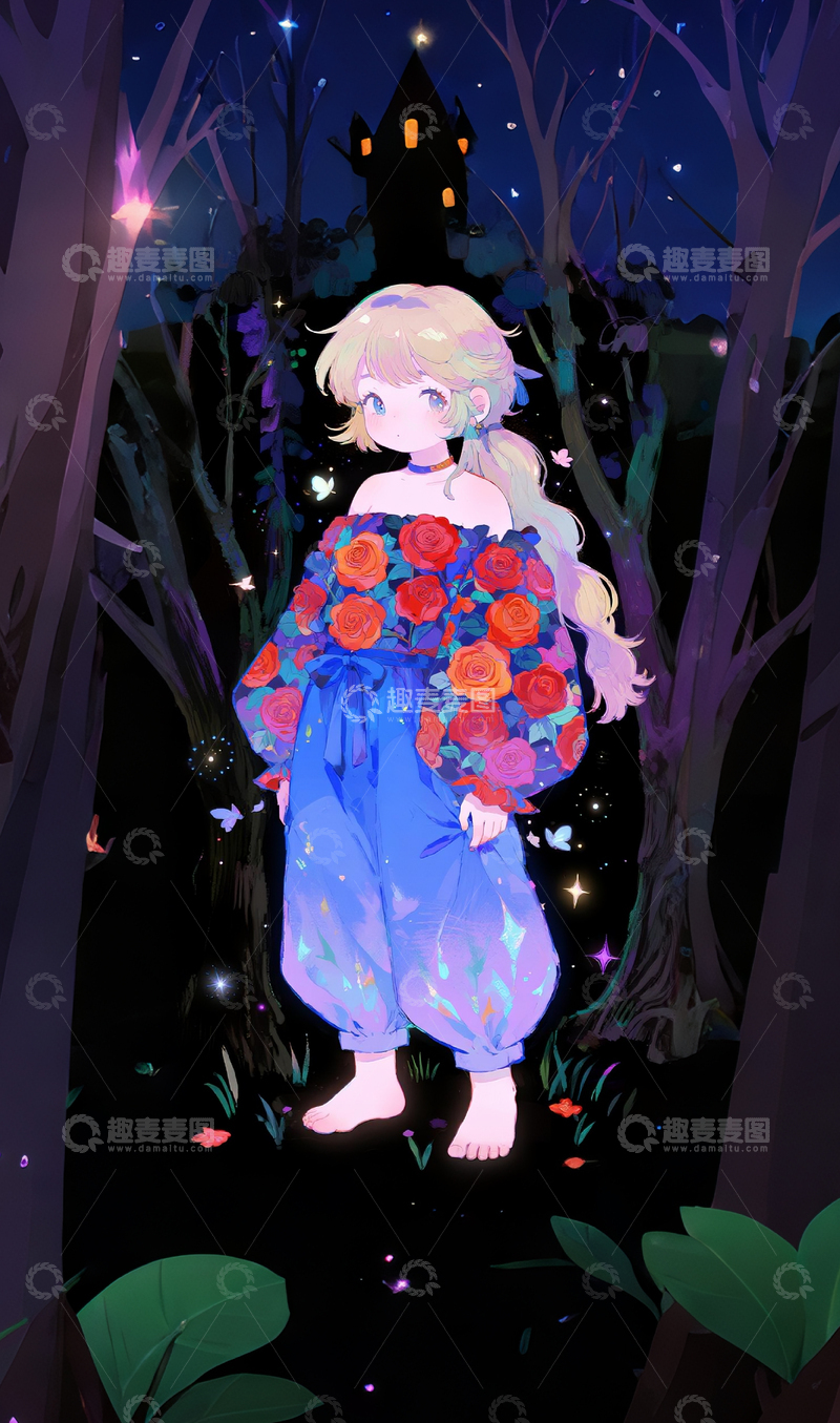 高清大图下载【趣麦麦图】夜晚森林女孩鲜花4