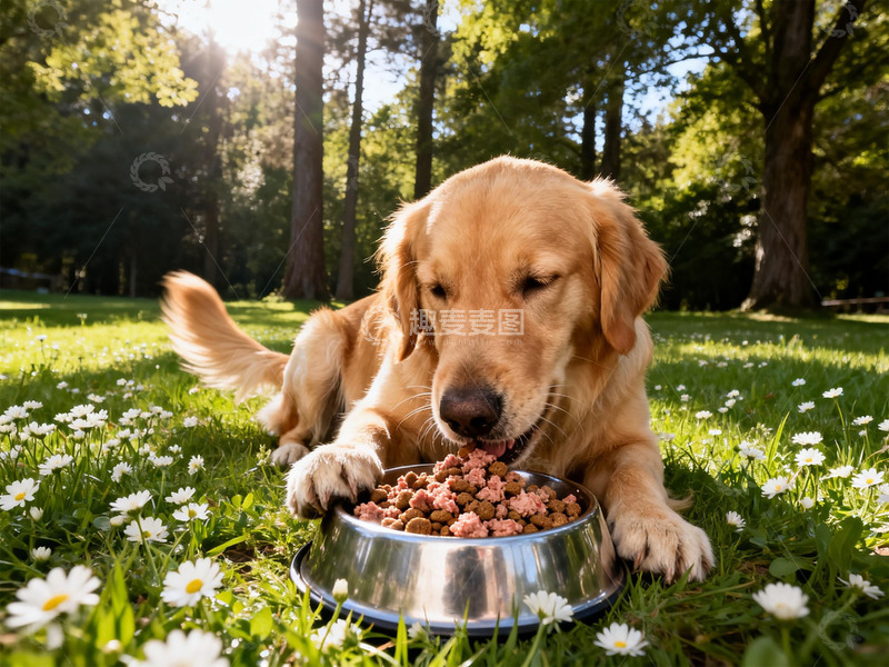 高清大图下载【趣麦麦图】一只金毛蹲在草地上吃狗粮