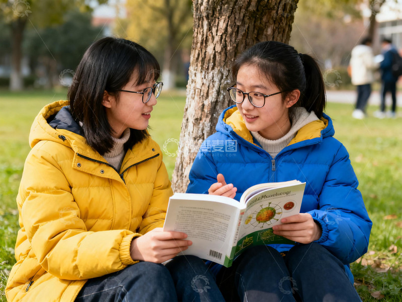 高清大图下载【趣麦麦图】两个女孩在操场上学习讨论问题