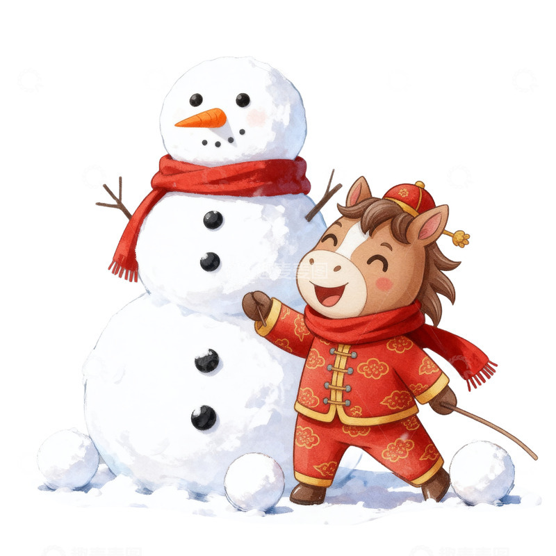卡通手绘堆雪人的卡通小马