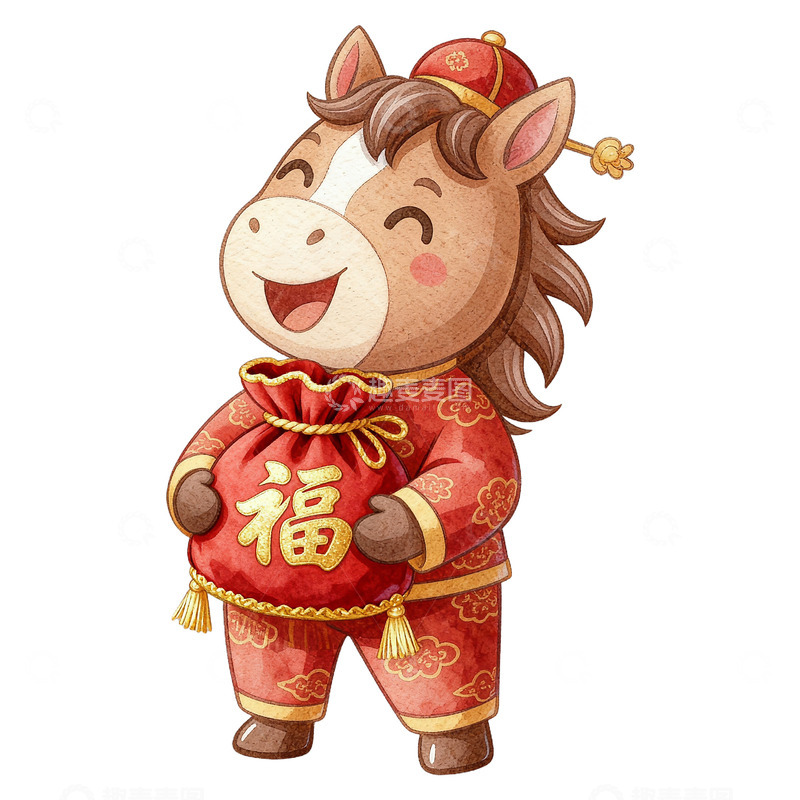 卡通手绘拿着福袋的卡通小马