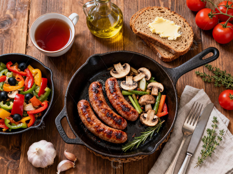 高清大图下载【趣麦麦图】西式餐食场景铁锅煎香肠烤香肠摄影图1