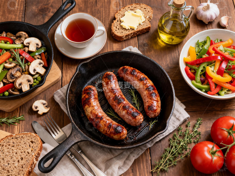 高清大图下载【趣麦麦图】西式餐食场景铁锅煎香肠烤香肠摄影图2