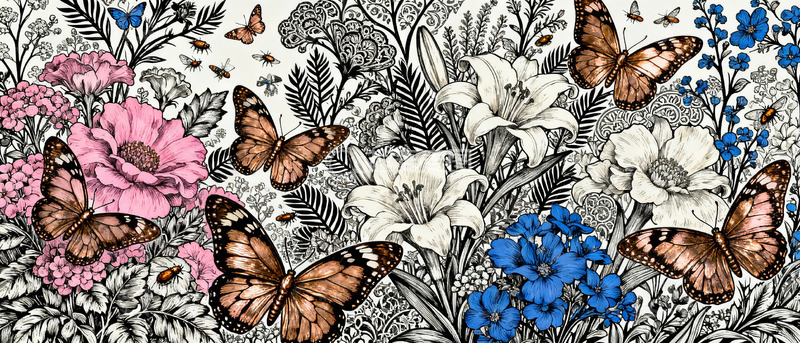 高清大图下载【趣麦麦图】蝴蝶花卉浪漫插画2