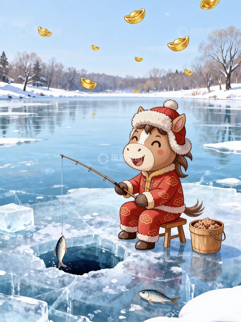 卡通手绘马年冬季活动冰钓插画
