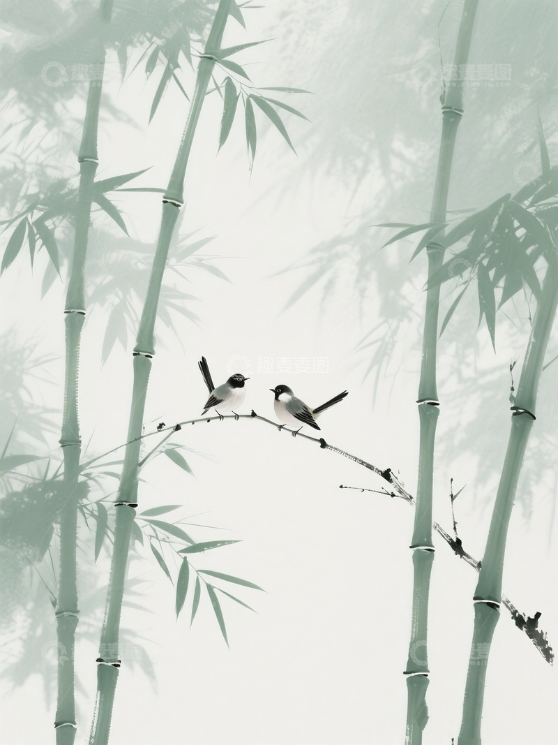 高清大图下载【趣麦麦图】卡通手绘水彩风格小清新竹林插画