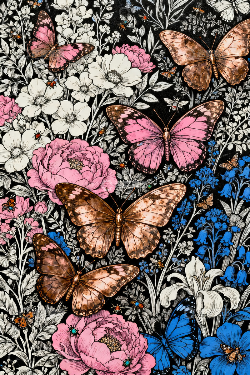 高清大图下载【趣麦麦图】蝴蝶花卉浪漫插画12