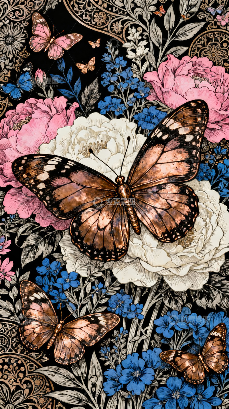 高清大图下载【趣麦麦图】蝴蝶花卉浪漫插画17