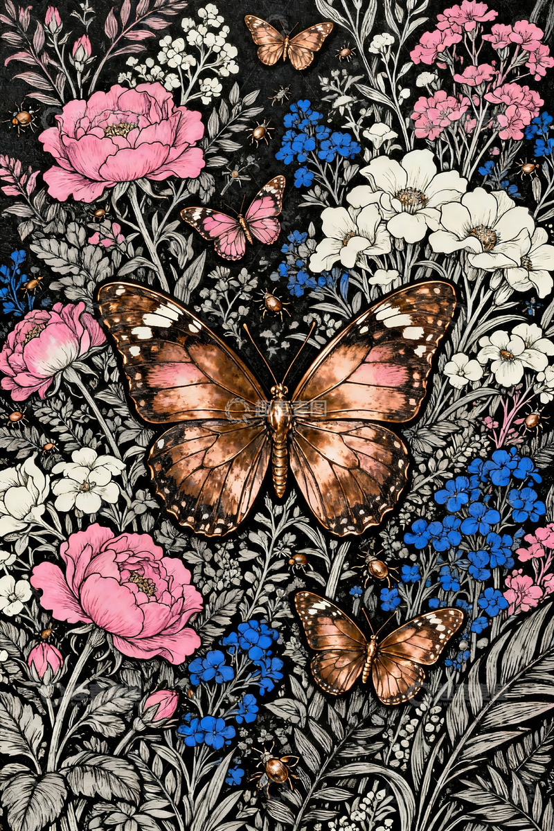 高清大图下载【趣麦麦图】蝴蝶花卉浪漫插画14