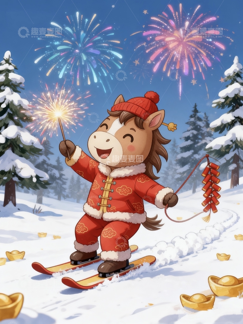 卡通手绘马年冬季活动滑雪插画