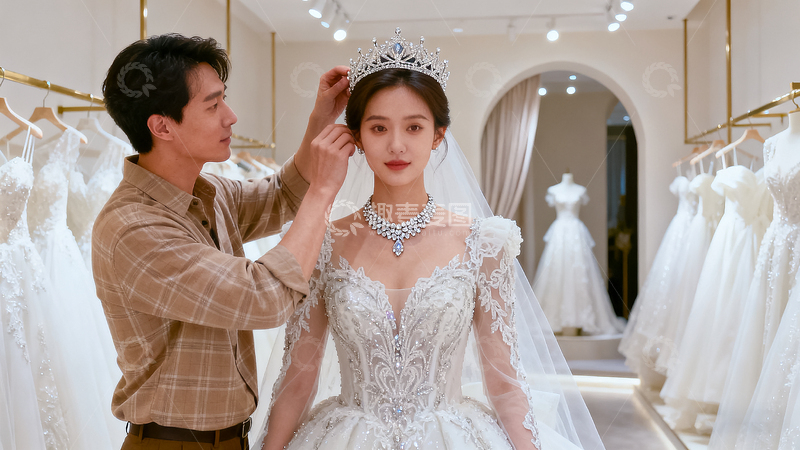 高清大图下载【趣麦麦图】婚纱店内女士调整头上王冠婚礼筹备场景