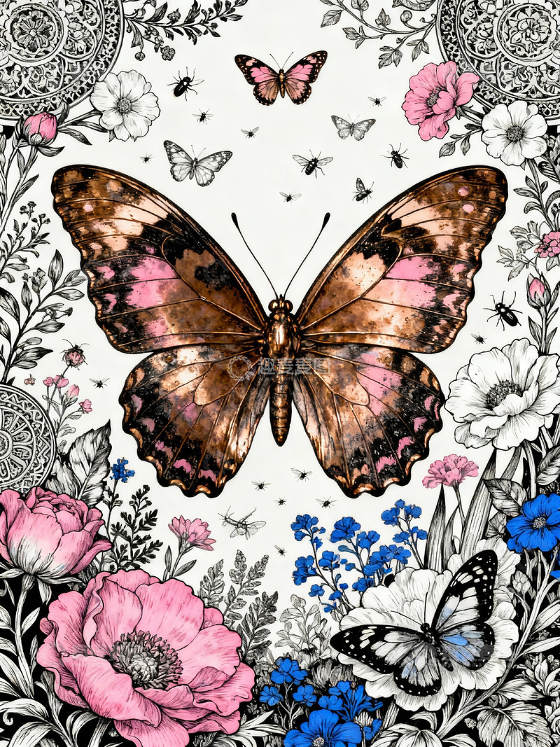 高清大图下载【趣麦麦图】蝴蝶花卉浪漫插画11