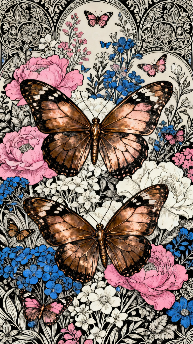 高清大图下载【趣麦麦图】蝴蝶花卉浪漫插画15