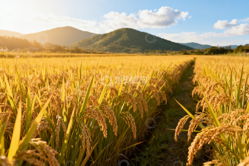 高清大图下载【趣麦麦图】金色稻田与远山的美丽景致