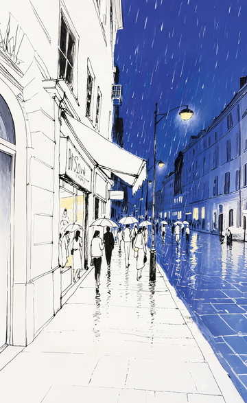 巴黎街头下雨夜景插画1