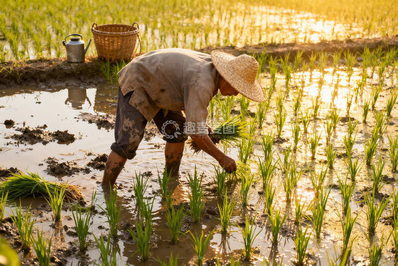 高清大图下载【趣麦麦图】夕阳下稻田里的辛勤插秧者