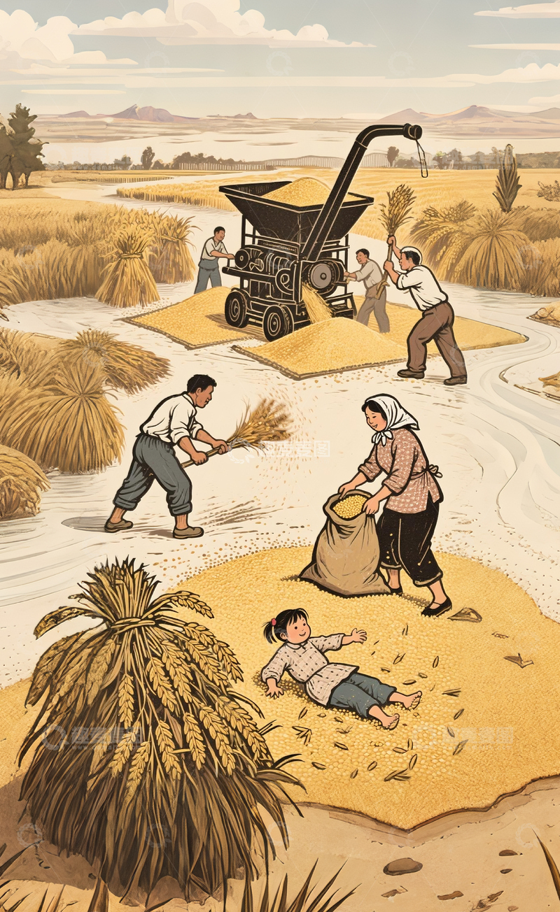 高清大图下载【趣麦麦图】农场小麦丰收场景插画1