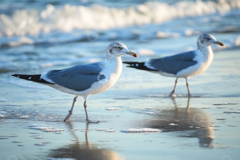 高清大图下载【趣麦麦图】大海边行走的两只海鸥