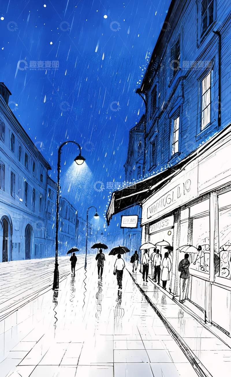 高清大图下载【趣麦麦图】巴黎街头下雨夜景插画4