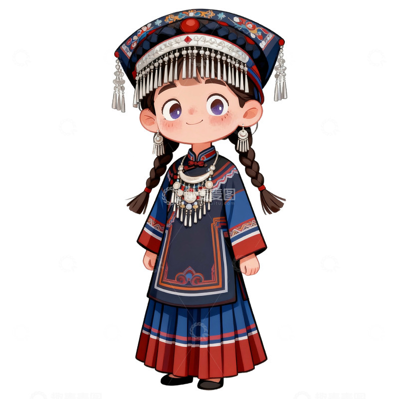 高清大图下载【趣麦麦图】卡通手绘可爱瑶族女孩免抠元素