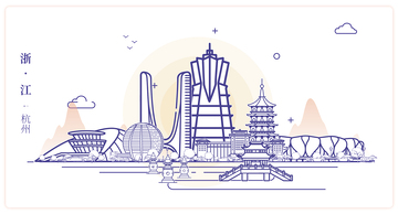 浙江杭州城市地标矢量建筑线描海报