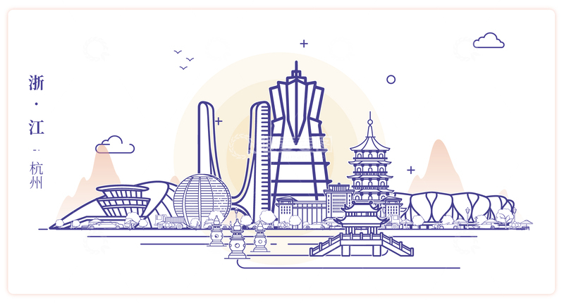 源文件下载【趣麦麦图】-浙江杭州城市地标矢量建筑线描海报