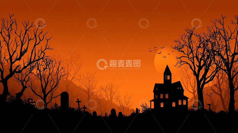 高清大图下载【趣麦麦图】阴森恐怖的鬼屋夜景