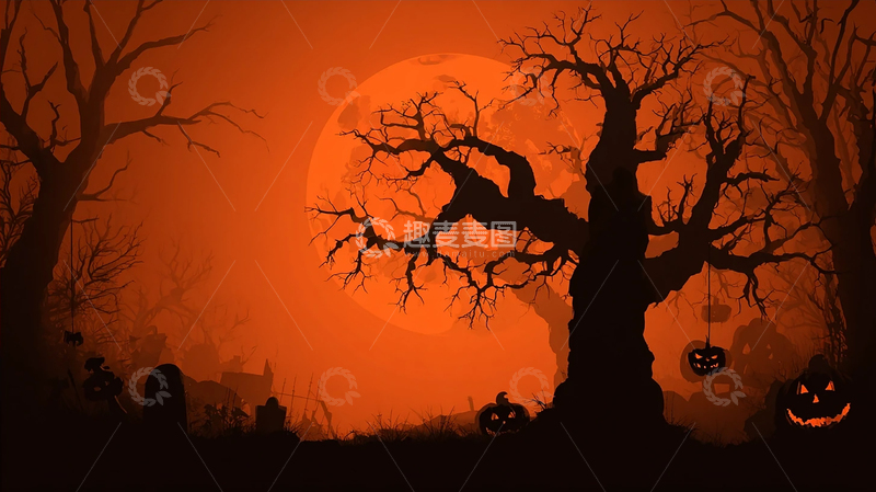 高清大图下载【趣麦麦图】南瓜灯照亮的诡异树林