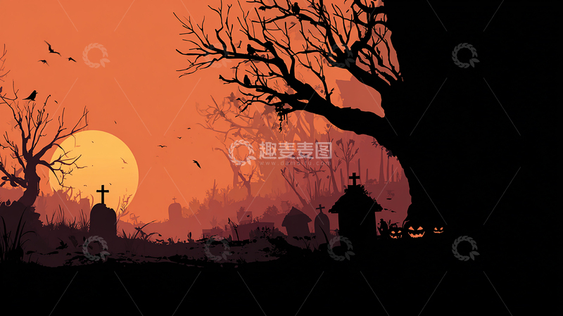 高清大图下载【趣麦麦图】阴森恐怖的墓地黄昏景象