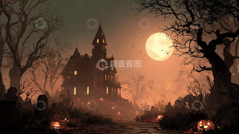 高清大图下载【趣麦麦图】阴森古堡与满月夜景