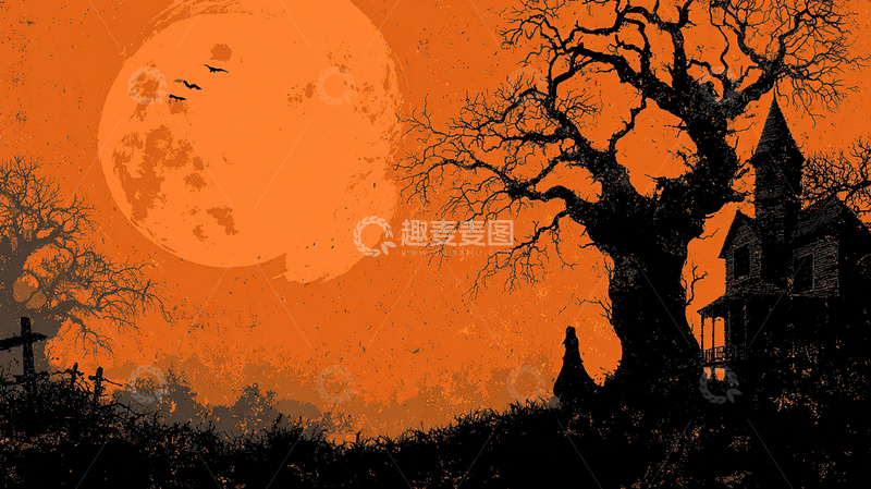 高清大图下载【趣麦麦图】阴森古树与鬼魅宅邸夜景