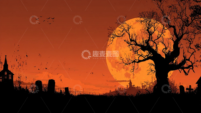 高清大图下载【趣麦麦图】恐怖墓地的血月奇观
