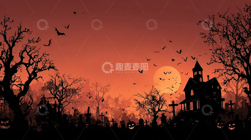 高清大图下载【趣麦麦图】阴森荒墓与飞翔蝙蝠