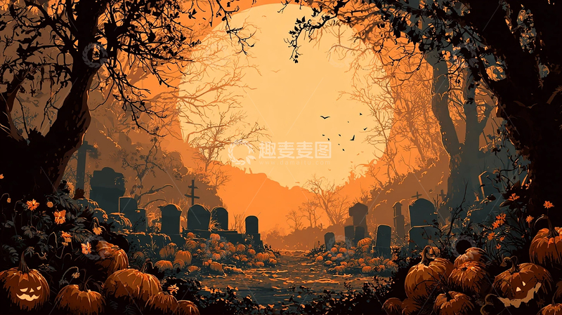 高清大图下载【趣麦麦图】万圣节南瓜墓地夜景