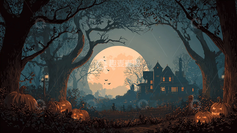 高清大图下载【趣麦麦图】神秘南瓜灯映照古宅