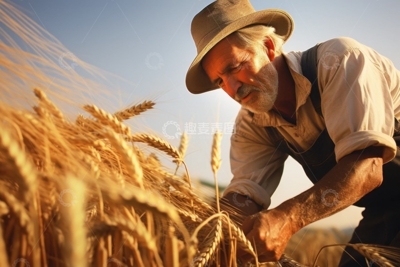 高清大图下载【趣麦麦图】麦田里收割麦子的农民