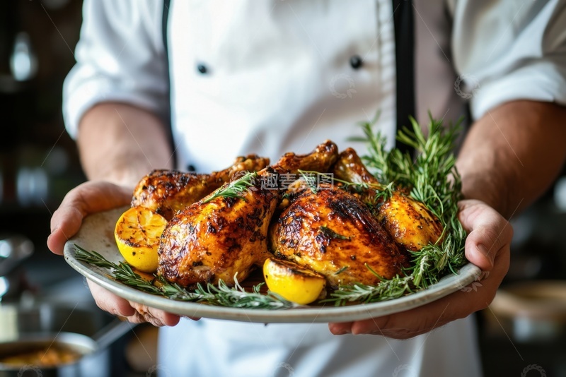 高清大图下载【趣麦麦图】厨师端着一盘烤鸡