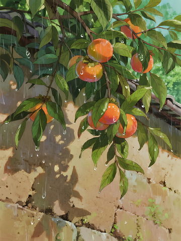 雨中柿子插画