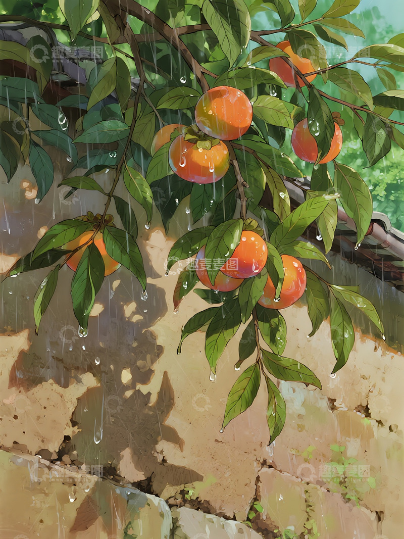 高清大图下载【趣麦麦图】雨中柿子插画
